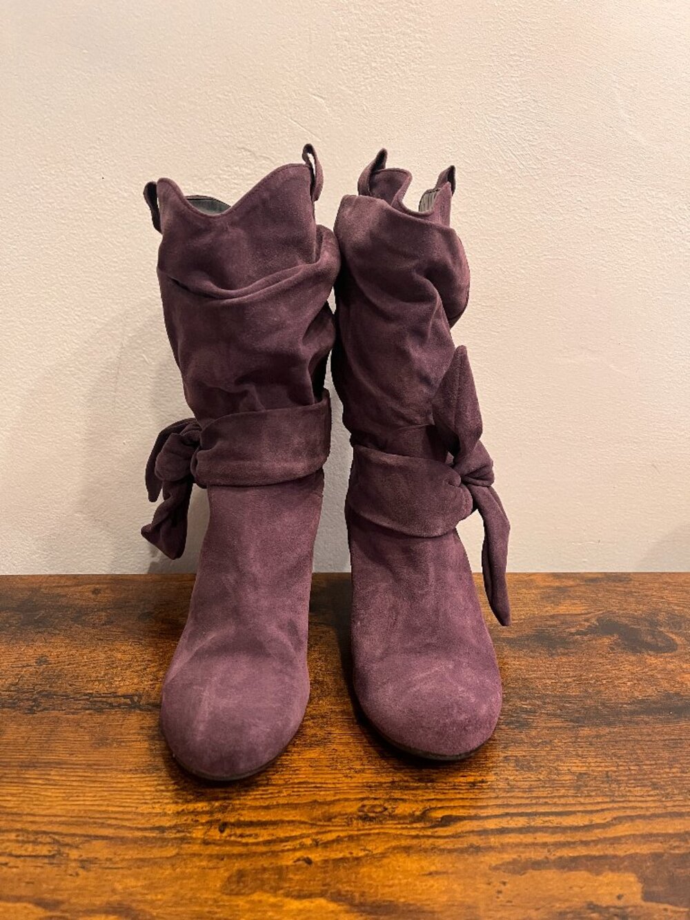 Mira Purple Suede Slouchy Side Tie Kitten Heel Boots